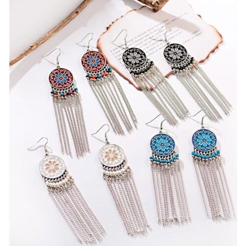 Womens Round Alloy Long Chain Tassel Dangle Earrings Handmade Bohemia Grapefruit Shape Jhumka Earrings Oorbellen