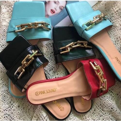 2021 spring/summer new metal chain single-layer leather fashion all-match womens slippers outdoor leisure non-slip sandals