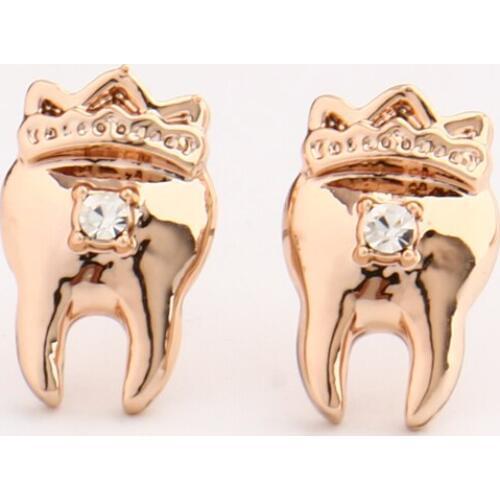 Rose Gold Color Tooth Stud Earrings Crystals Crown Teeth Earrings for Women Medical Jewelry Dentist/Doctor/Nurse Christmas Gift