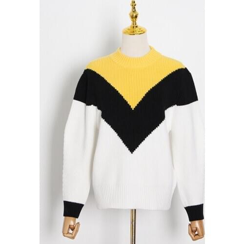 Womens Half High Collar Sweater Color Matching Pullover Loose Tops Long Sleeve Jumper Knitted Sweater