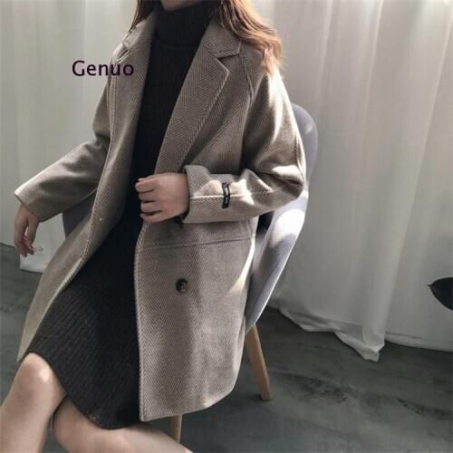Women Vintage Thick Wool Blazer Coat Pocket 2020 Winter Elegant Vintage Ladies Warm Coat Suit Overcoat