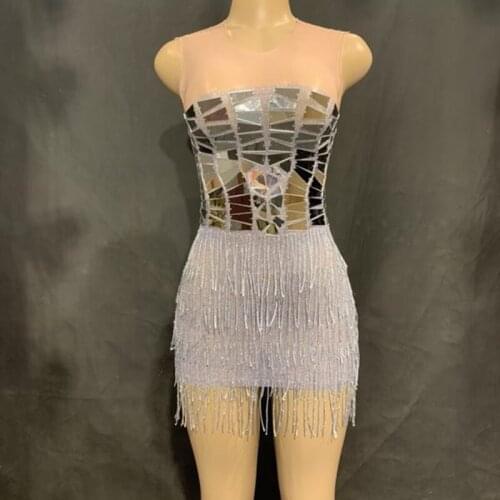 Women Sexy Mirror Tassel Mesh Mini Dress Summer Birthday Evening Celebrate Party One-piece Outfit Sexy Nightclub Dance Costume