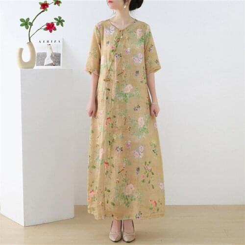 New Vintage Ramie Women Thin Printed Dress Loose Linen Chinese Style O-neck 2021 Summer New Half Sleeve Elegant Robe Dresses