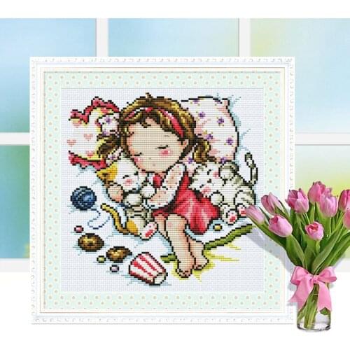 Gold Collection Lovely Counted Cross Stitch Kit Siesta with the Kitty Little Girl and Cat Sleeping Sleep SO