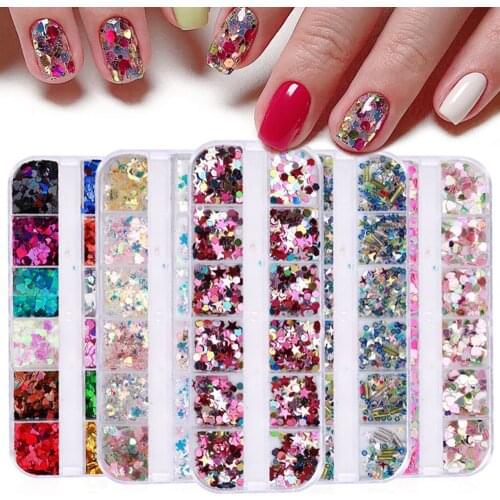 12 Grid/box Nail Art Rhinestones Colorful Ultra-thin Sequins Love Heart Metal Nail Decoration DIY Design Nail Sticker Tool
