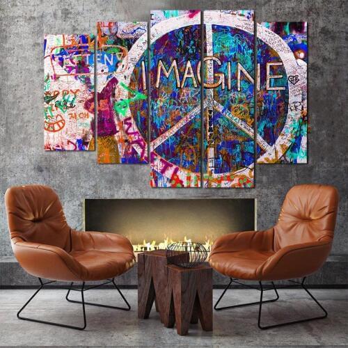 5 Pieces Peace Symbols Imagine Graffiti Street Art Canvas Paintings Wall Pictures Posters Prints for Living Room Home Decor