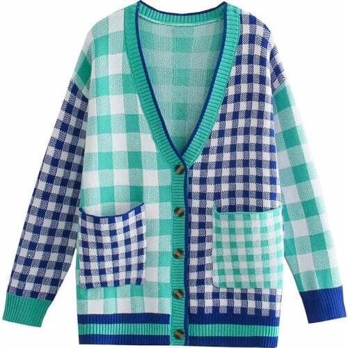 Aonibeier 2021 Za Woman Casual Traf Jacket Autumn Winter Blue Green Plaid Patchwork Knit Cardigan V Neck Loose Sweaters Female