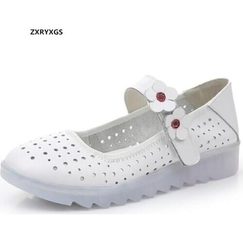2021 New Top Cowhide Flower White Shoes Flat Soft Sole Non-slip Wear-resistant Breathable Sandals Fashion Casual Women Shoes