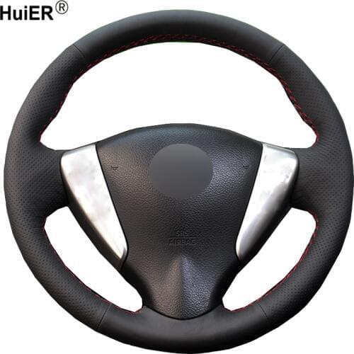 HuiER Hand Sew Car Steering Wheel Cover Breathable Black Leather For Nissan Tiida Sylphy Sentra Versa Note 2014-2017 Car Styling