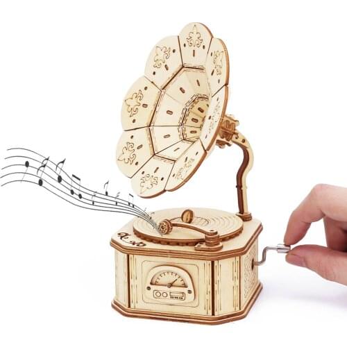 Phonograph Wooden Music Box DIY Mechanism Assembly Model Building Kit 3D Puzzle Desk Decoration Birthday Gift