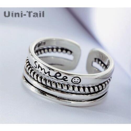 Uini-Tail hot new 925 sterling silver multi-layer twist smiley ring simple fashion tide flow creative letter opening adjustable