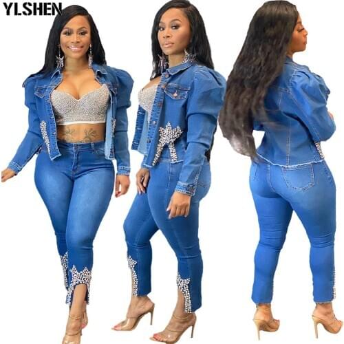 Two Piece Set African Clothes Africa 2020 Dashiki Fashion Nail Bead Crown Denim Suit Tops Pants Elastic Party Plus Size Clothing