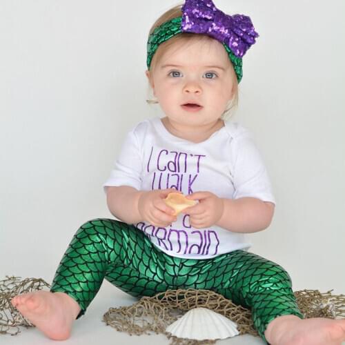 3pcs Set Newborn Baby Girls Clothes Short Sleeve T-shirt Tops Pants Bowknot Headband Mermaid Outfits Clothing Set for Toddlers