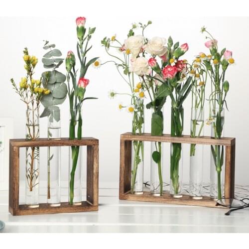 Hydroponic Plants Container with Wood Frame, Clear Glass Test Tube Vase for Home Decoration