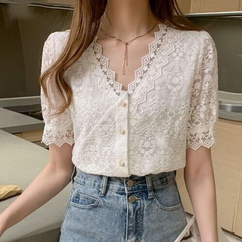Short-sleeved Lace Hollow Out Tops 2021 Summer V-neck Lace Shirt Women Single Breasted Clothing Women Tops and Blouse Chic 13985