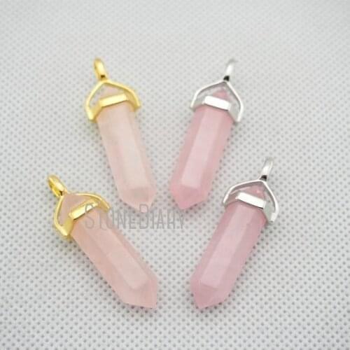 H-PP30 Healing Crystal Pillar Charm for Jewelry Making Rose Quartzs Point Pendant with Silver or Gold Bail