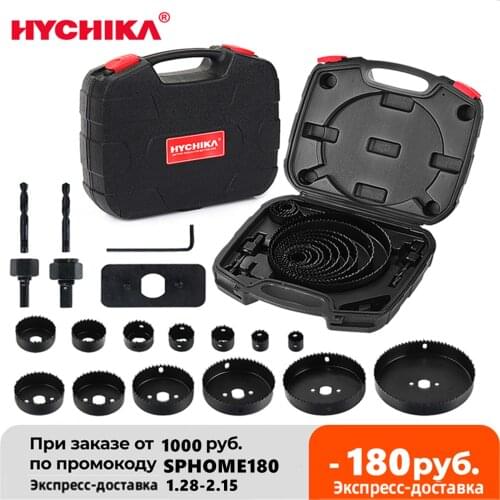 HYCHIKA Hole Saw Cutting Set Kit 19 Pcs Hole Saw Kit with 13Pcs Saw Blades 2 Drill Bits for Soft Wood Plywood Drywall PVC