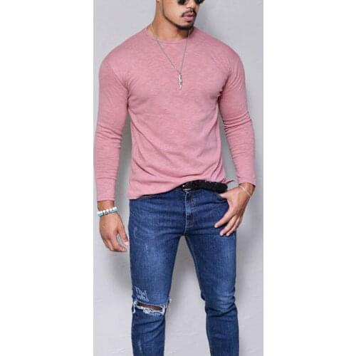New Fashion Spring Autumn Men Crew Neck Long Sleeve Solid Slim Fit Casual Tops T-Shirts Basic Tee Casual Mens Slim T-Shirts