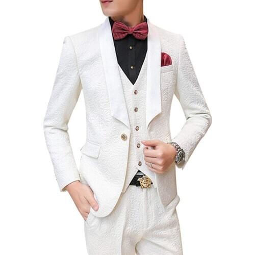 2020 New White Man Patterned Suits 3 Pieces Formal Business Tuxedos Groomsmen For Wedding Party (Blazer+Vest+Pants)