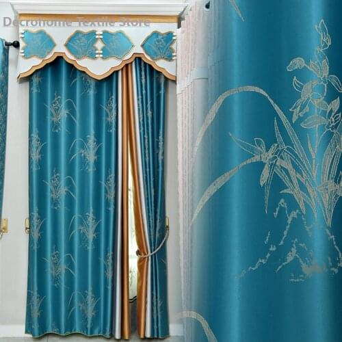 New Chinese High Precision Artificial Silk Jacquard Black Silk Shading Blue Chinese Orchid Curtains for Living Room Bedroom