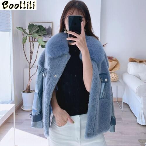 Boollili Real Fur Coat Female 100% Wool Coat Winter Coat Women Real Fox Fur Collar Sheep Shearling Korean Down Jacket