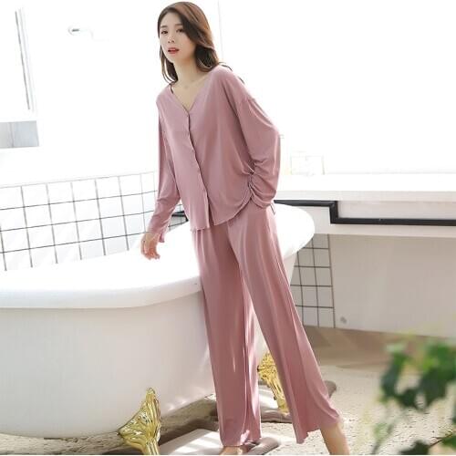 Women Pajama Sets Spring Autumn New Solid Long Sleeve Sleepwear Casual Homewear Female Full Length Pants Modal Korean Style
