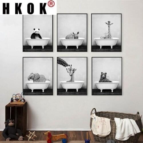 HKOK Baby Animal Poster Panda Giraffe Elephant In Bathtub Canvas Painting Nursery Wall Art Nordic Picture Kid Room Home Decor