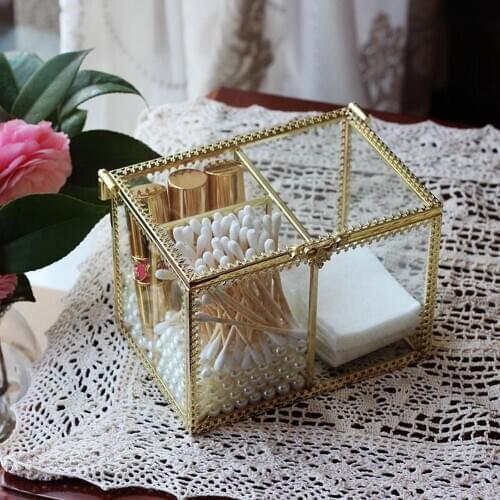 Clear Metal Frame Jewelry Storage Box Cotton Swab Cosmetic Makeup Case Cotton Pad Holder Cosmetic Holder Case with Lid