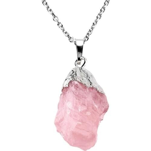 Silver Plated Irregular Shape Rose Pink Quartz Pendant Link Chain Necklace Amethysts Stone Jewelry
