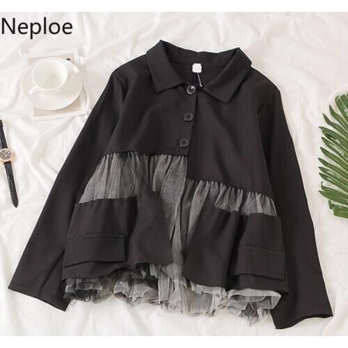 Neploe Blouse Women Mesh Patchwork Turn Down Collar Long Sleeve Female Tops Loose Casual Single Breasted Ladies Shirts 1A240