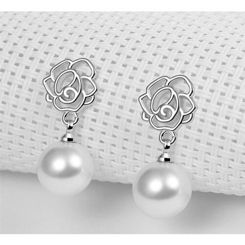 925 Sterling Silver Pearl Rose Flower Charm Stud Earring For Women Girls Jewelry Pendientes Accessories eh1232