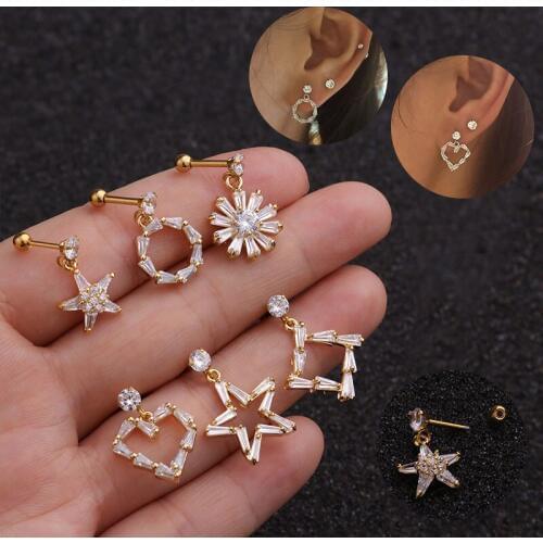 New Shiny CZ Zircon Hollow Star Heart Drop Earrings Cute Sweet Circle Geometric Pendant Earring Stainless Steel Bar Ear Jewelry