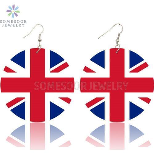 SOMESOOR United Kingdom National Flag Loops Wooden Drop Earrings Britain England UNION JACK Design Print Dangle For Women Gifts