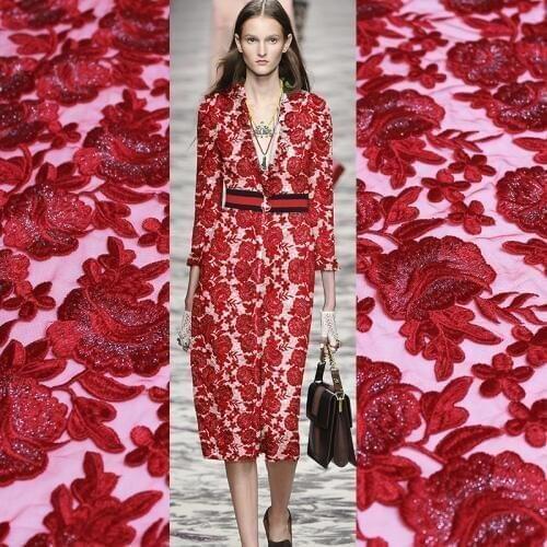 Pearlsilk Dark Red Gauze Embroidered Lace Fabrics Autumn Dress Garment Materials Sewing Cloth For Tailor Textile Freeshipping