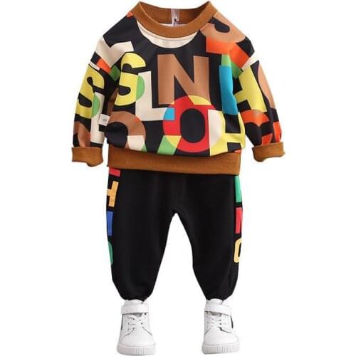 Baby boy spring and autumn long-sleeved sweater suit boys pure cotton hedging printed letters casual sweater boys sweater suit