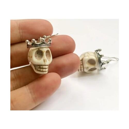 Silver Colour Goth Vintage Crowned Skull Earrings Cosplay Biker Rocker Punk Halloween Jewelry Statement Dangle Women Gift NEW