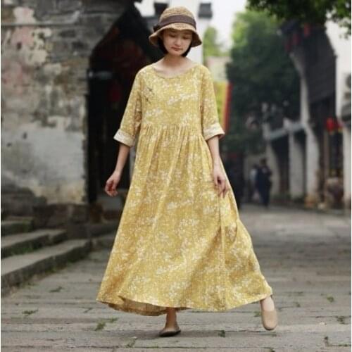 Y601 Original A High Lumbar Fold Easy Dress Will Mianma Code Print Pankou Literature Suit-dress h190416