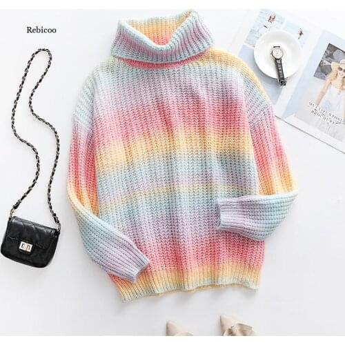 Womens Rainbow Turtleneck Sweaters Pullovers Tie Dye Colorful Jumper Knitwear Casual Slim Pull Femme Winter New