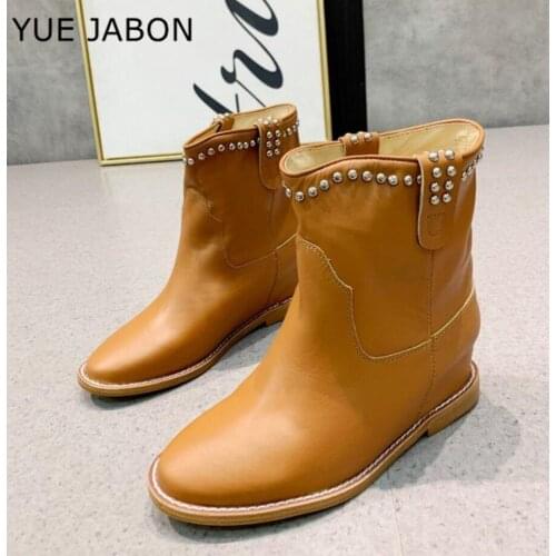 Rivets Ankle Boots Women Genuine Leather Slip On Round Toe Lady Booties Autumn Winter Flat Heel/Height Increasing Rivets Shoes