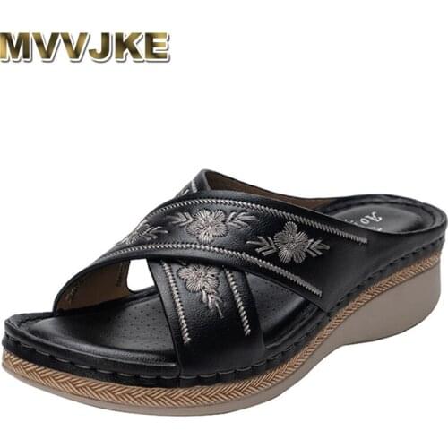 MVVJKE Summer Fashion Cross Embroidered Women Peep Toe Slippers Cozy Female Wedge Platform Casual Flip Flops Sandals Lady Shoes