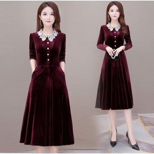 Spring Autumn Luxury Velvet V Neck Office Lady Elegant Dress Fashion Calf-length Dresses Casual High Waist Party Vestidos X4