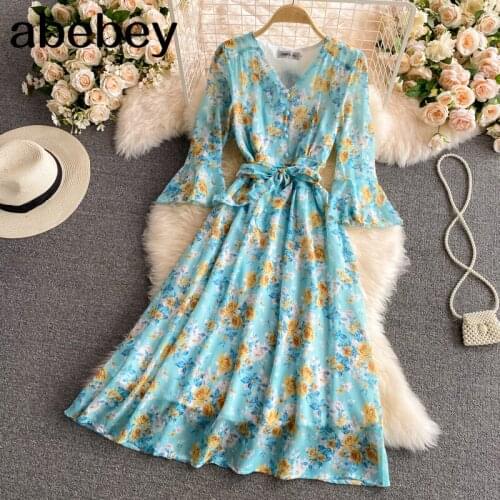 2021 New Summer Women Elegant Sweet V-neck flared sleeve Dress high waist lace up mid-length floral A-line Dress