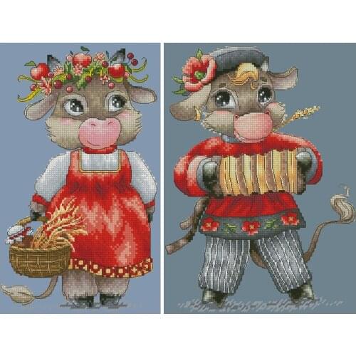 Gold Collection Lovely Counted Cross Stitch Kit Brown Cow Cattle With Wreath Flower Play The Accordion Food Basket Govryuka