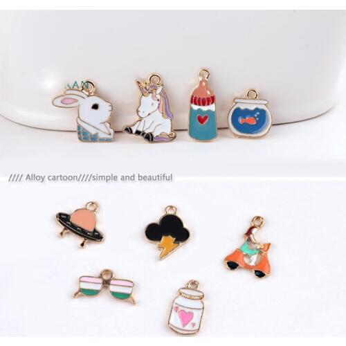 10pcs Drop Oil UFO Glasses Animals Alloy Enamel Charms Dangles Gold Tone Rabbit Fish Tank Milk Bottles Pendants Fit DIY Earring Bracelet Hair Handmade Jewelry Accessory Craft FX485