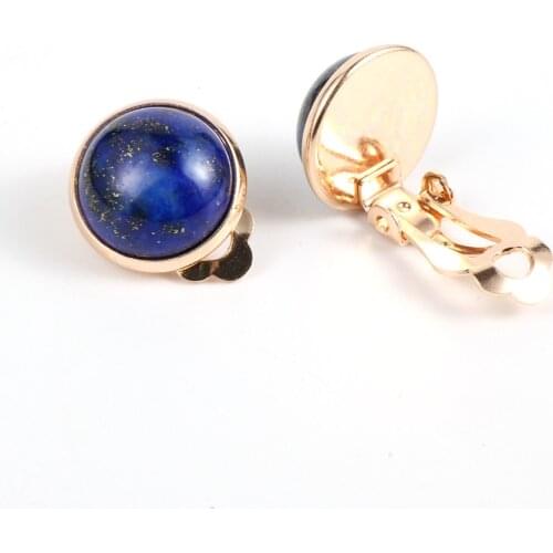 12mm Women Natural Gem Stone Lapis Lazuli Crystal Earclip Tiger Eye Amethysts India Onyx Copper Gold Color Earring Clips Jewelry
