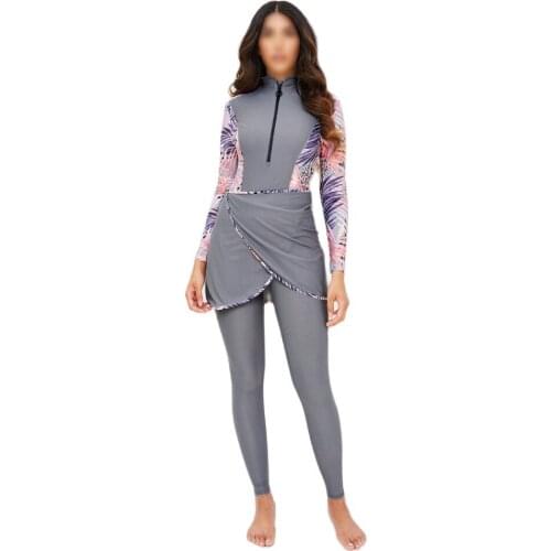 2021 Muslim Three Piece Swimwear with Chest Cushion Conservative Modest Clothing Women Long sleeve Swimsuit Cover Up Beachwear L