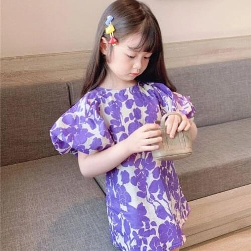 2021 Spring Summer Cute Girls Purple Floral Puff Sleeve Mini Dress Fashion Little Princess Casual Dresses For Kids
