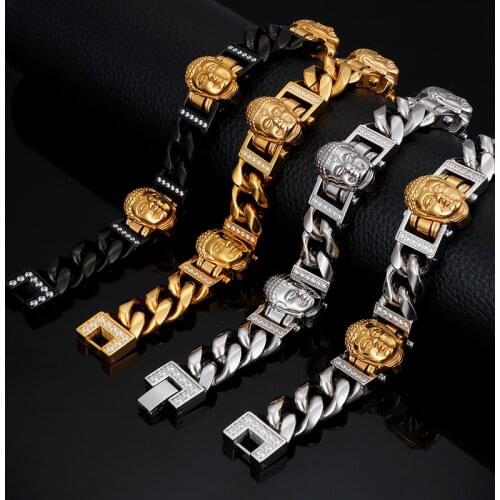 Ethnic style jewelry Stainless steel Buddha head personality mens buckle bracelet Titanium steel jewelry