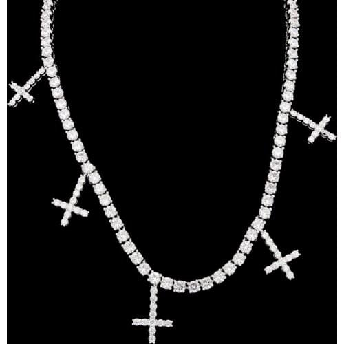THE BLING KING Five Cross Pendant Tennis Chain Shinning Stones Zirconia Necklace Silver Color Gift Elegant Vintage Jewelry