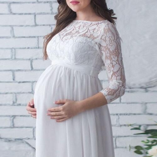 Pregnant Women Lace Long Dress Solid Color Maternity Maxi Gown Dress 3/4 Sleeve Wedding Party Floor Dress for Photography